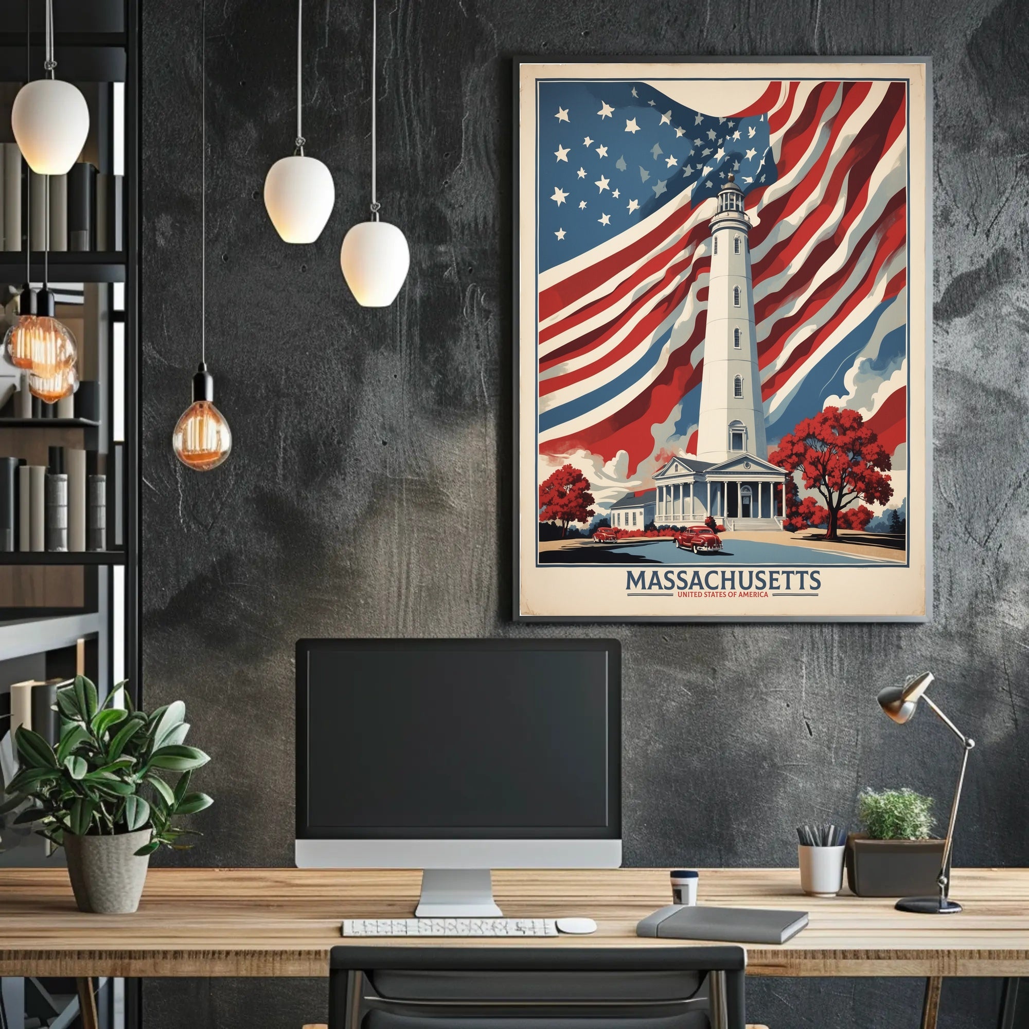Massachusetts Lighthouse Vintage Americana Cultural or Heritage Poster PosterGoat