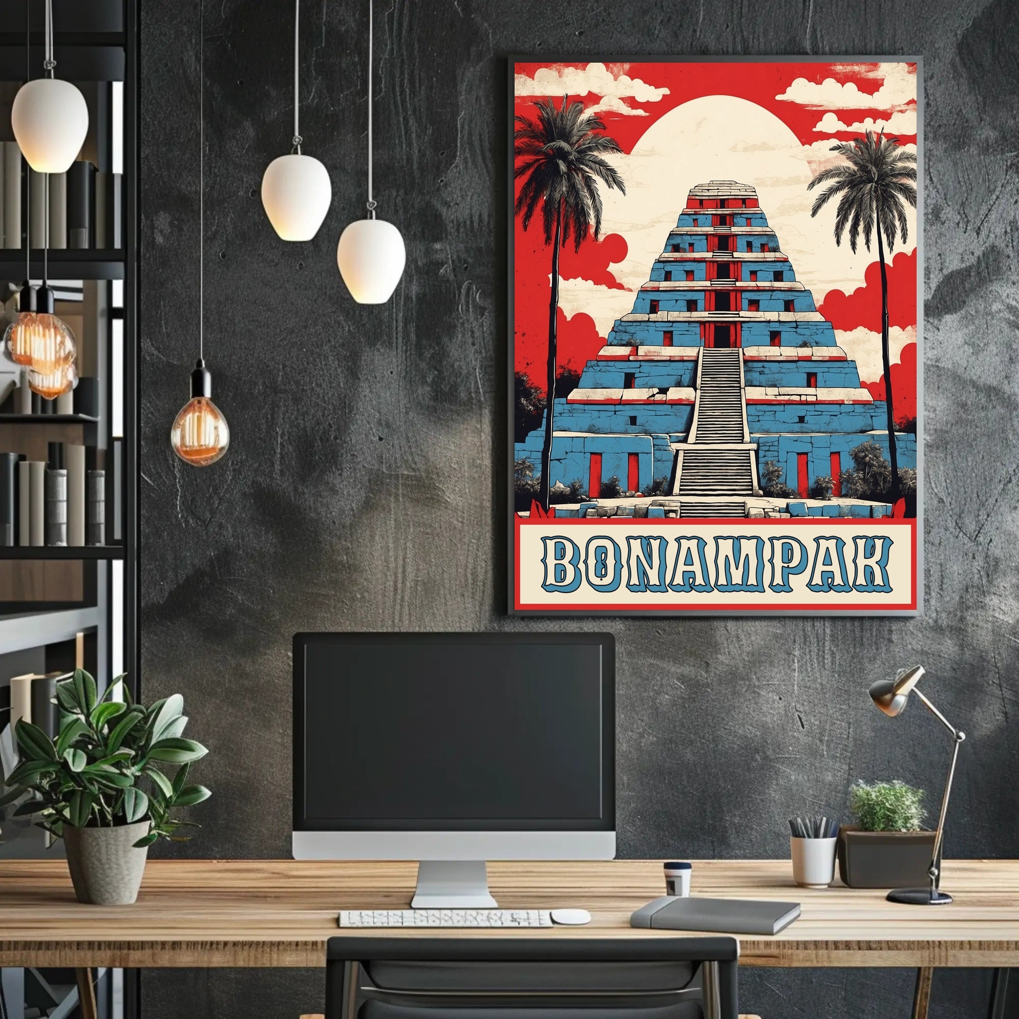 Mayan Pyramid Art Deco Tropical Scene Cultural or Heritage Poster PosterGoat