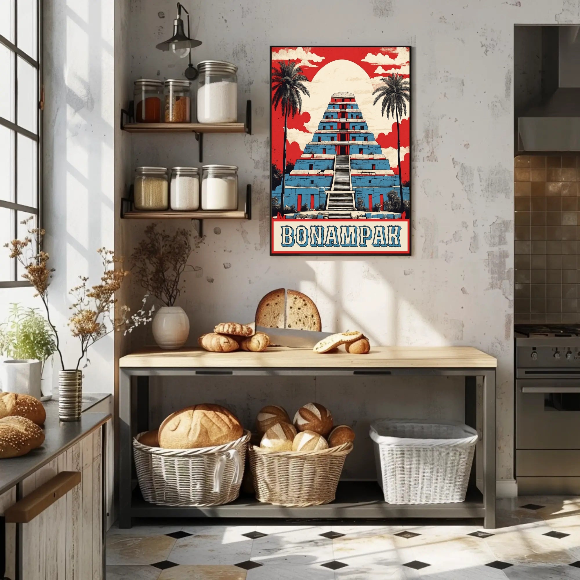 Mayan Pyramid Art Deco Tropical Scene Cultural or Heritage Poster PosterGoat