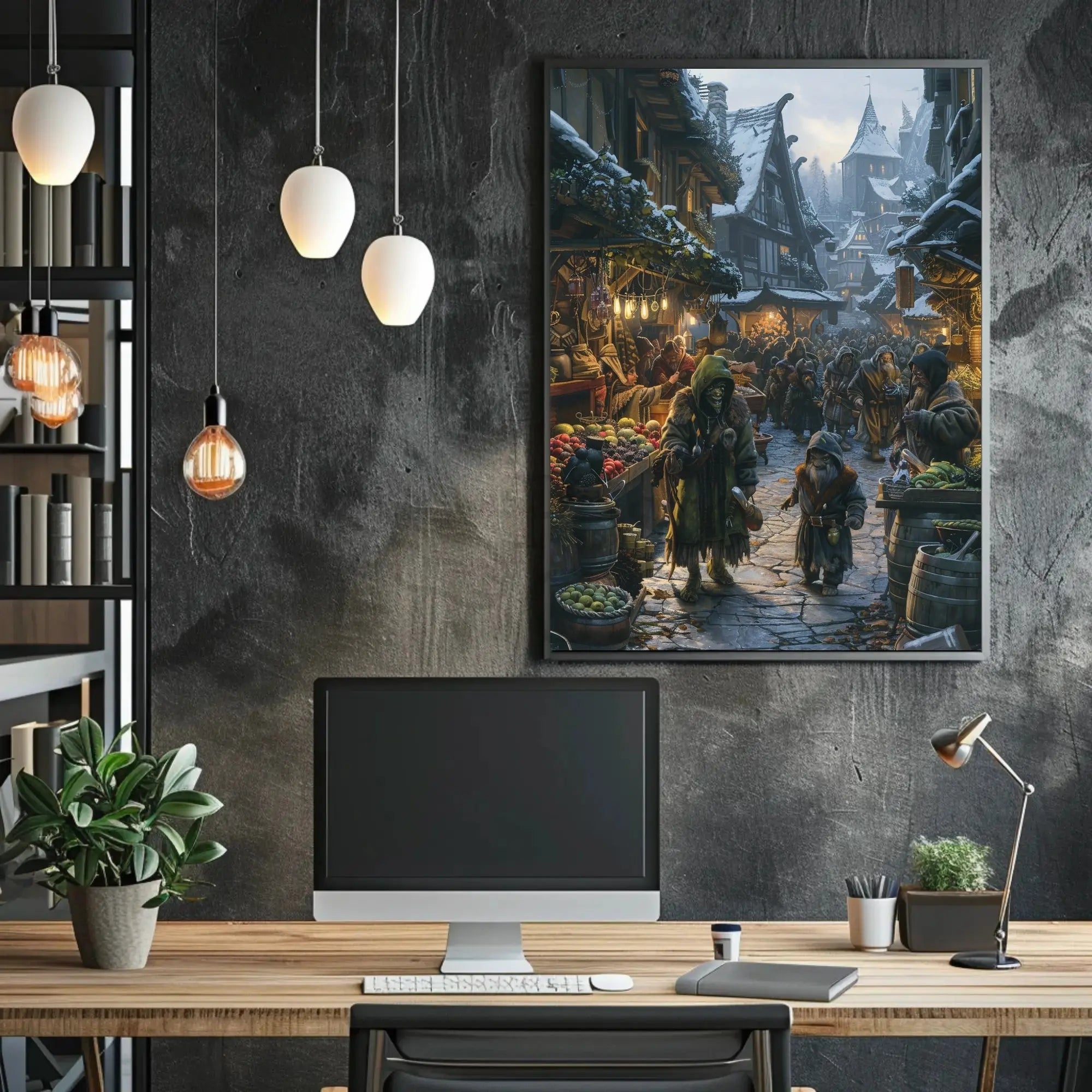 Medieval Fantasy Winter Market Scene Cultural Poster PosterGoat