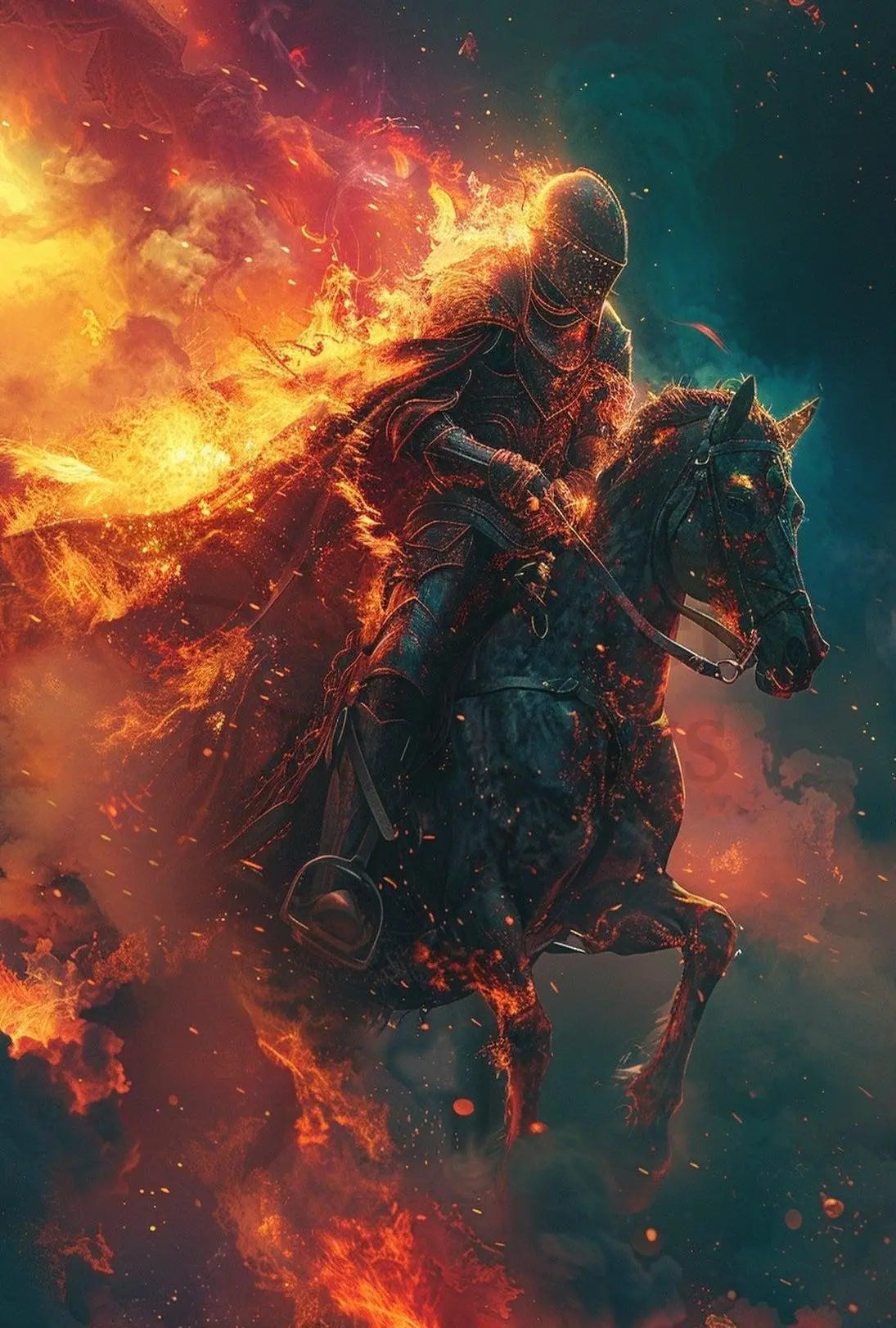 Medieval Knight in Flames: Dramatic Historical Fantasy Poster PosterGoat