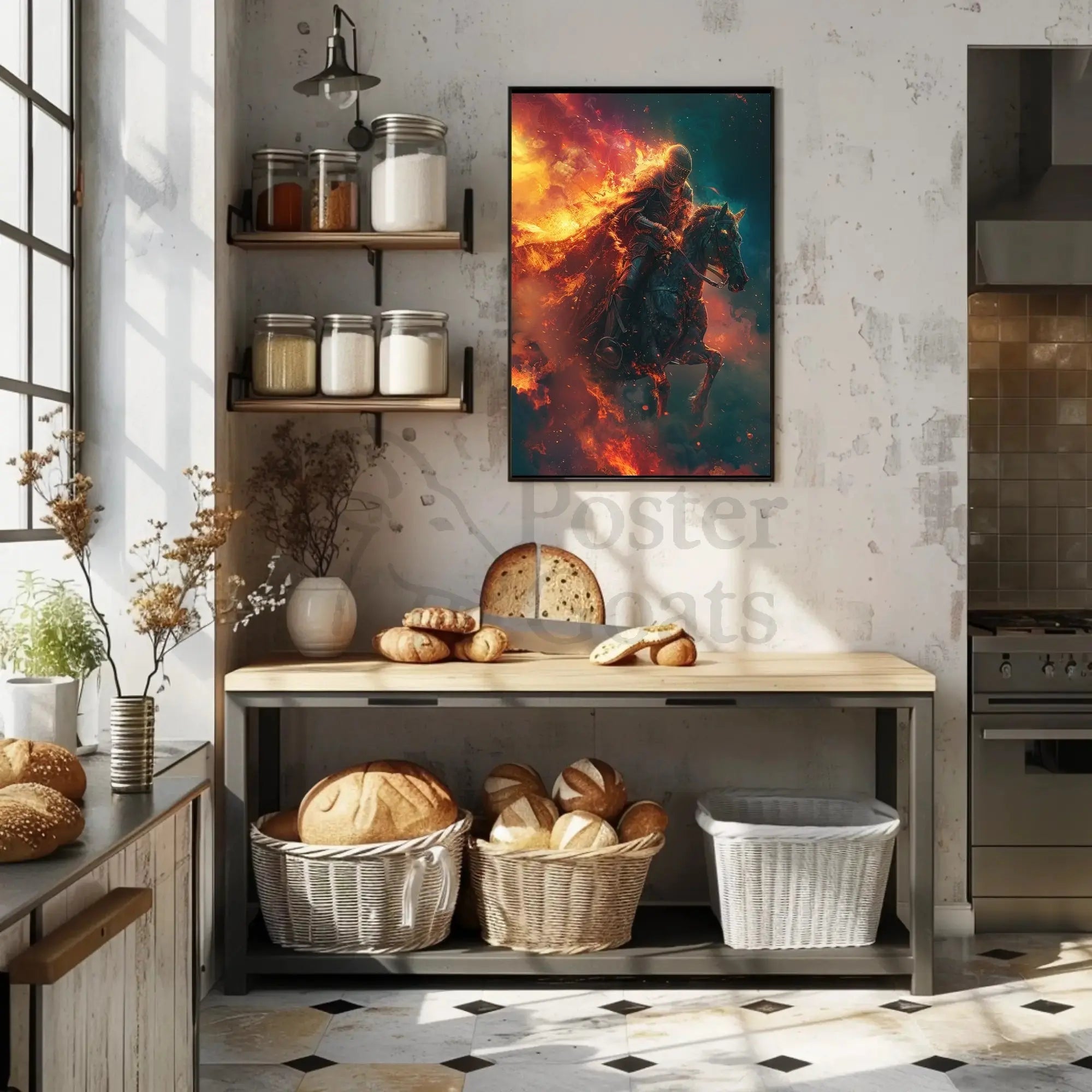 Medieval Knight in Flames: Dramatic Historical Fantasy Poster PosterGoat