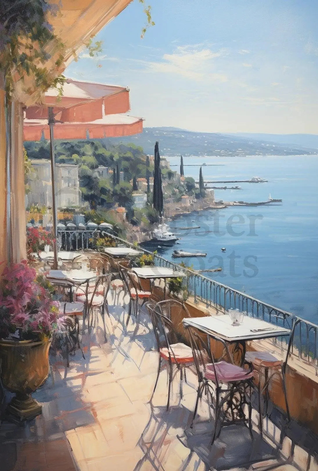 Mediterranean Café Terrace Seaside View Artistic Poster PosterGoat