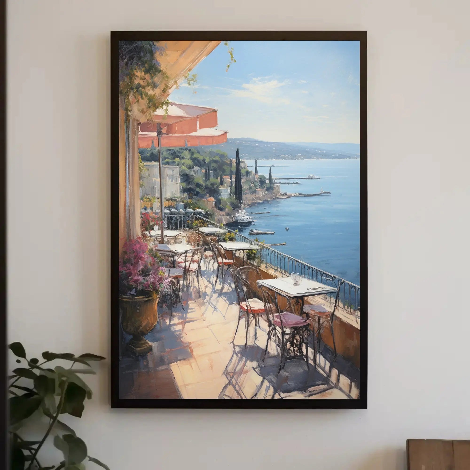 Mediterranean Café Terrace Seaside View Artistic Poster PosterGoat