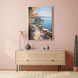 Mediterranean Café Terrace Seaside View Artistic Poster PosterGoat