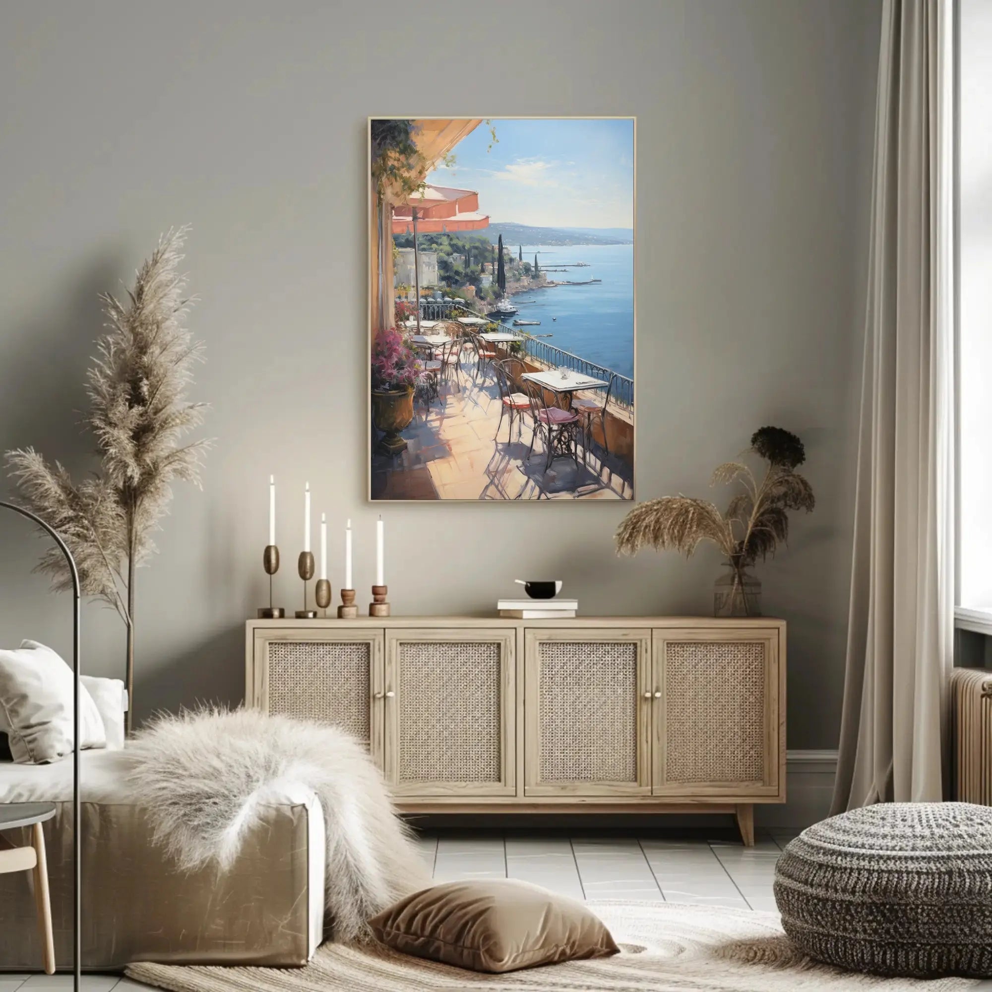 Mediterranean Café Terrace Seaside View Artistic Poster PosterGoat