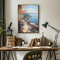 Mediterranean Café Terrace Seaside View Artistic Poster PosterGoat