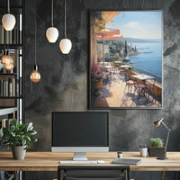 Mediterranean Café Terrace Seaside View Artistic Poster PosterGoat