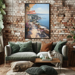 Mediterranean Café Terrace Seaside View Artistic Poster PosterGoat