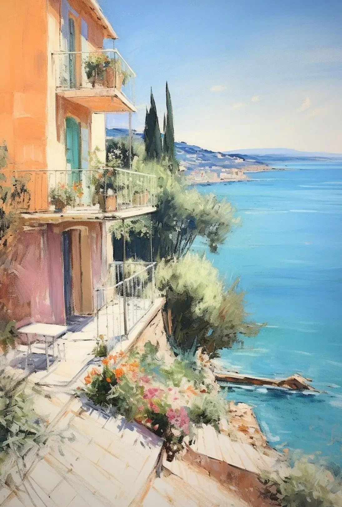 Mediterranean Coastal Villa Impressionistic Art Print - Travel Poster PosterGoat