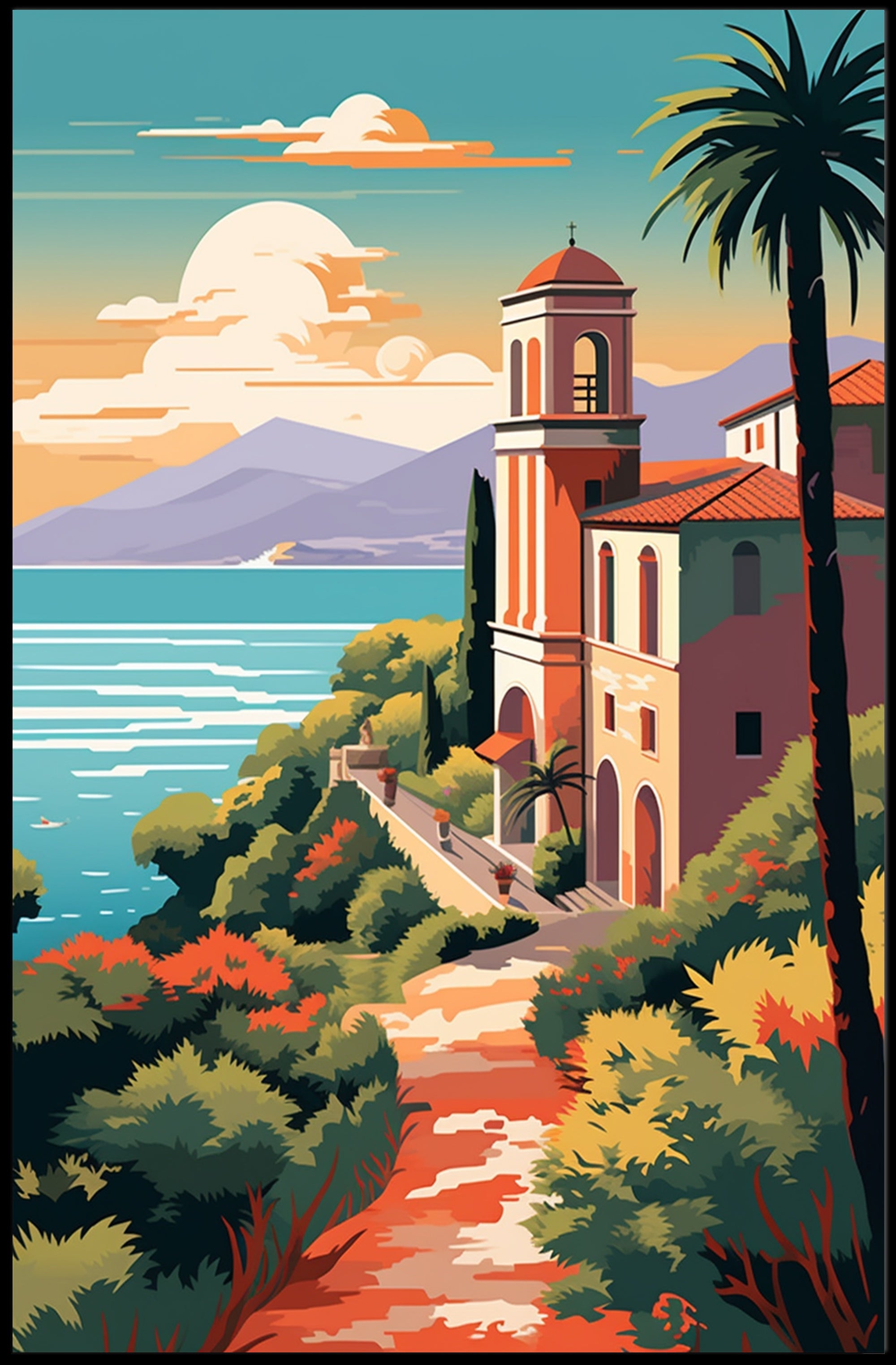 Mediterranean Coastal Villa Vintage Travel Poster PosterGoat