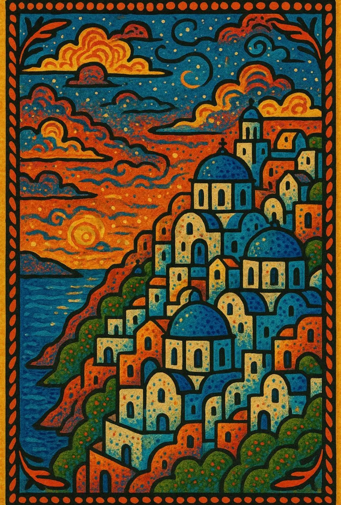 Mediterranean Coastal Village Artistic, Vibrant Travel Poster PosterGoat
