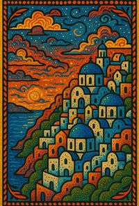 Mediterranean Coastal Village Artistic, Vibrant Travel Poster PosterGoat