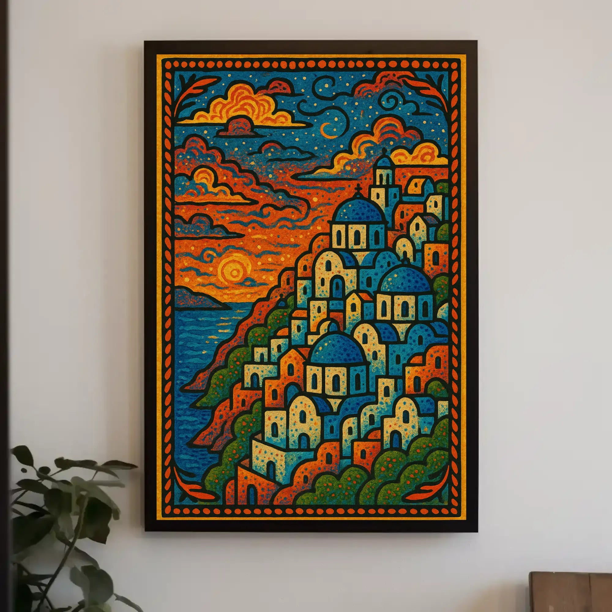 Mediterranean Coastal Village Artistic, Vibrant Travel Poster PosterGoat