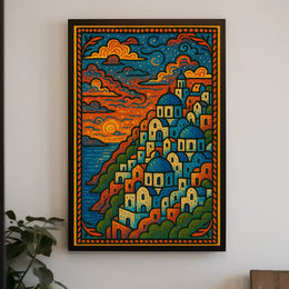 Mediterranean Coastal Village Artistic, Vibrant Travel Poster PosterGoat