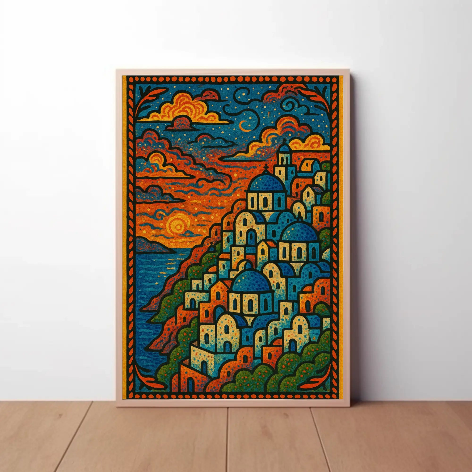 Mediterranean Coastal Village Artistic, Vibrant Travel Poster PosterGoat