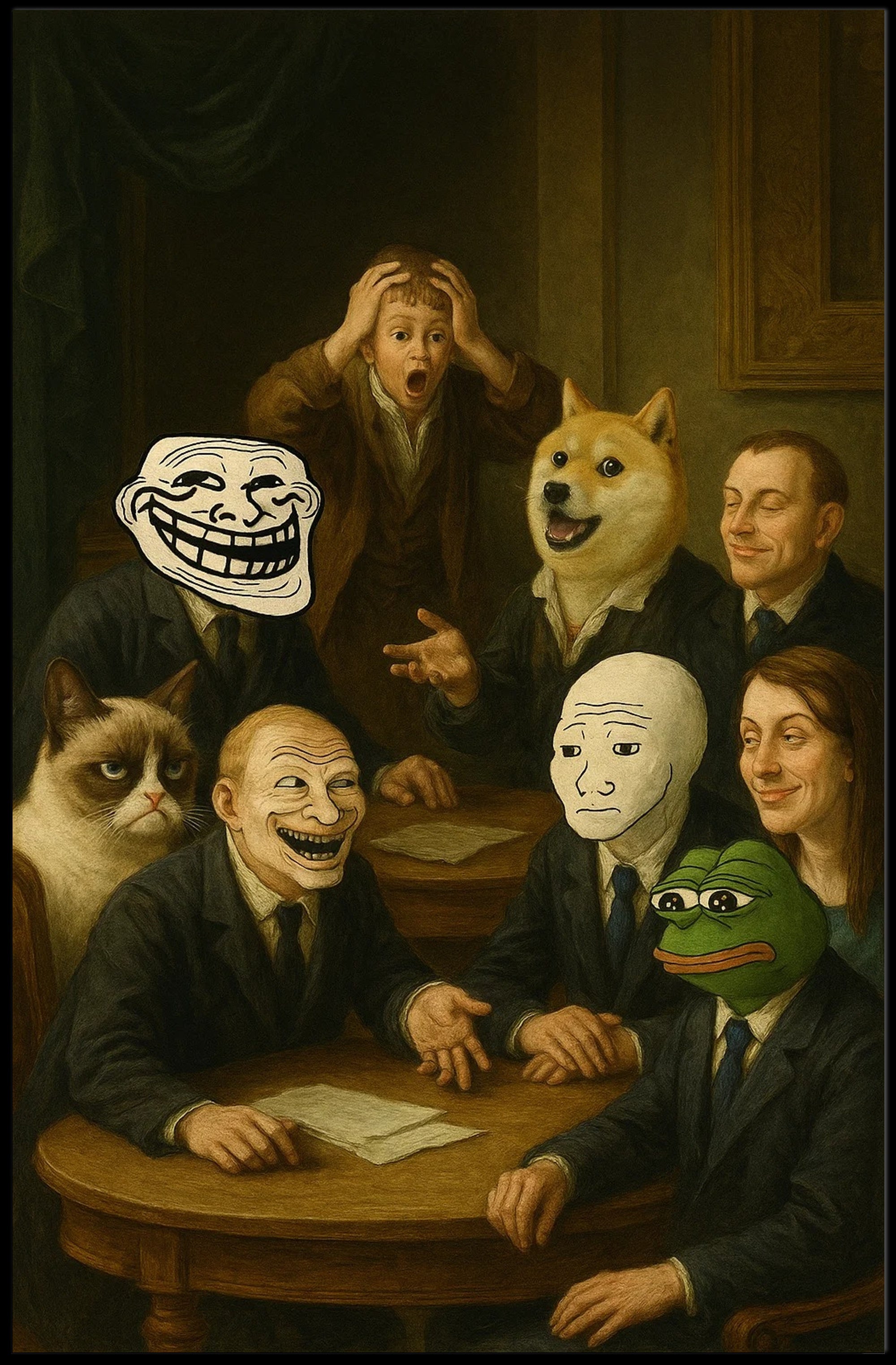 Meme Icons Meeting in Surreal Historical Poster PosterGoat