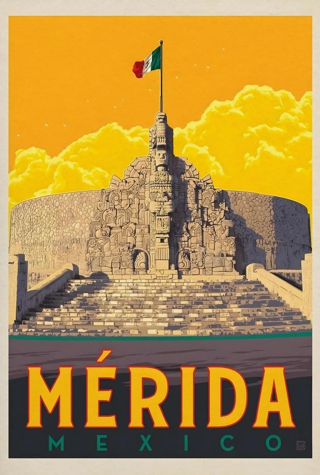 Mérida Monument with Mexican Flag Travel Poster PosterGoat