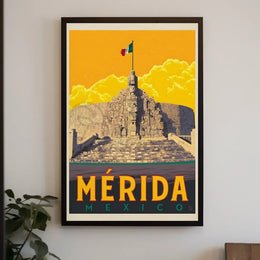 Mérida Monument with Mexican Flag Travel Poster PosterGoat