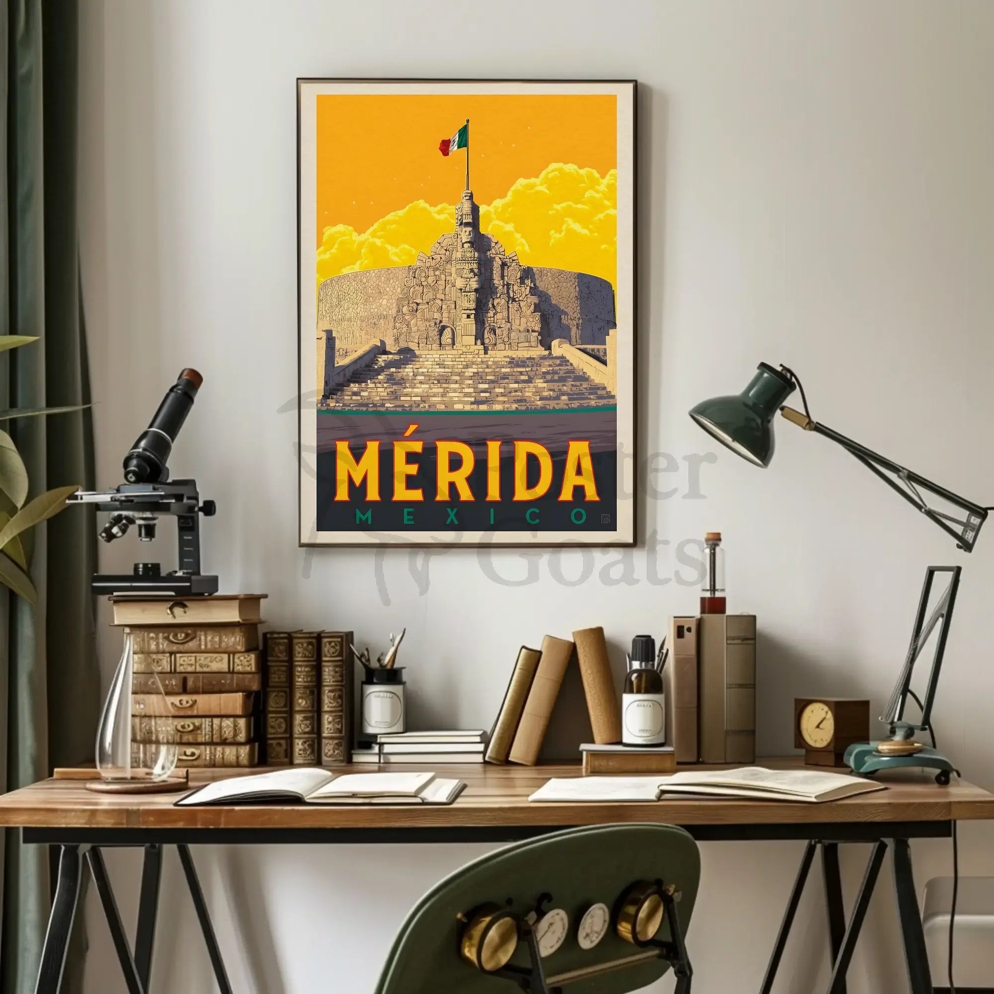 Mérida Monument with Mexican Flag Travel Poster PosterGoat