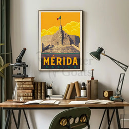 Mérida Monument with Mexican Flag Travel Poster PosterGoat