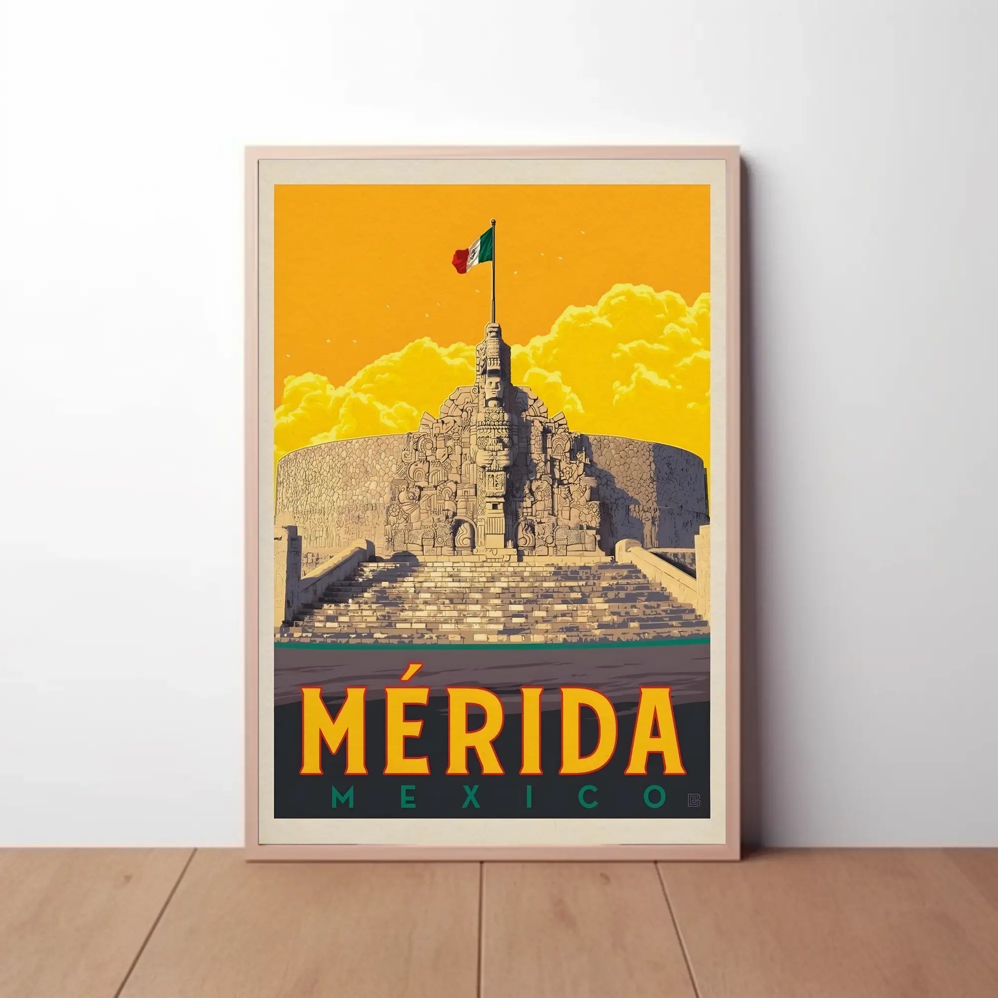 Mérida Monument with Mexican Flag Travel Poster PosterGoat