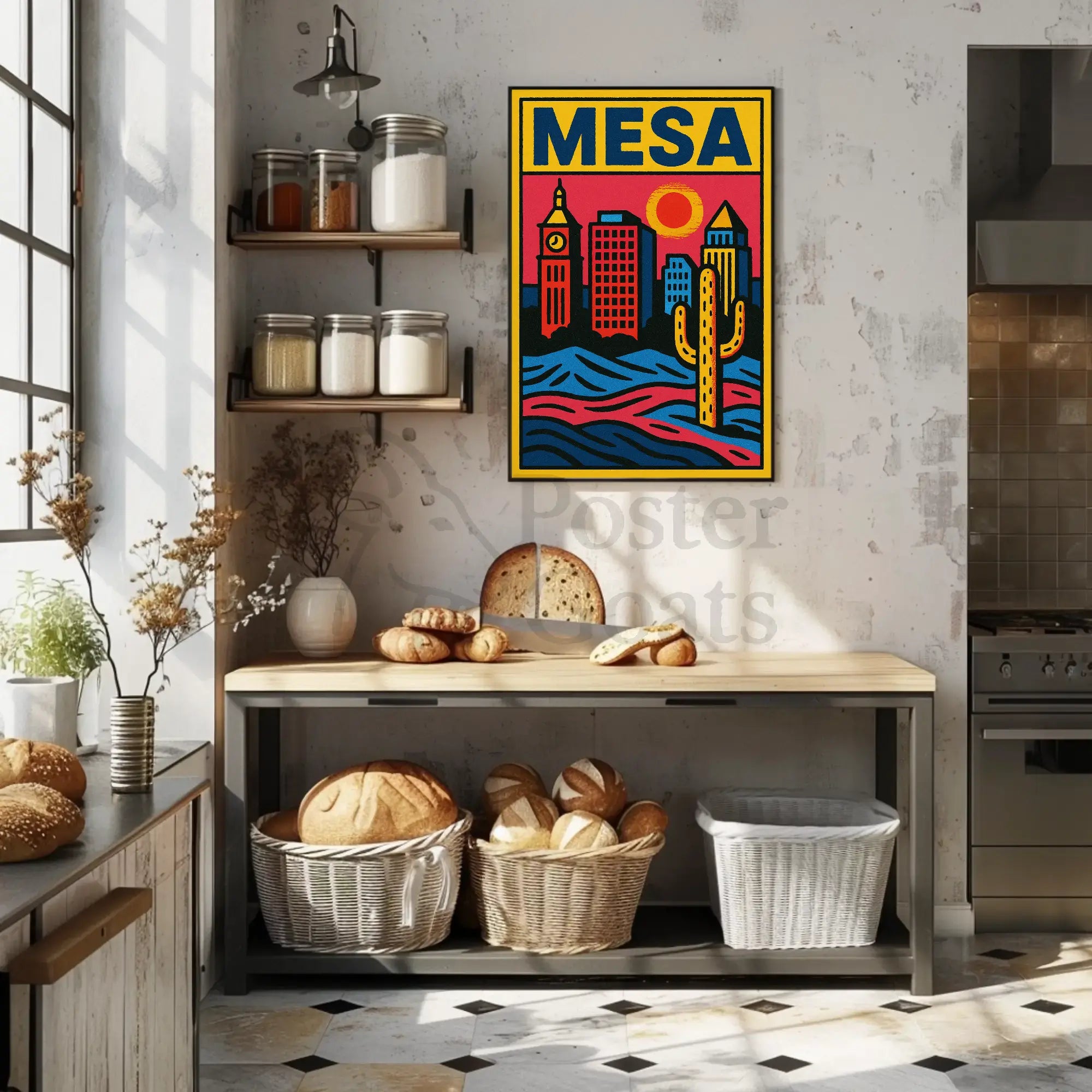 Mesa Cityscape with Cactus Desert Theme Travel Poster PosterGoat