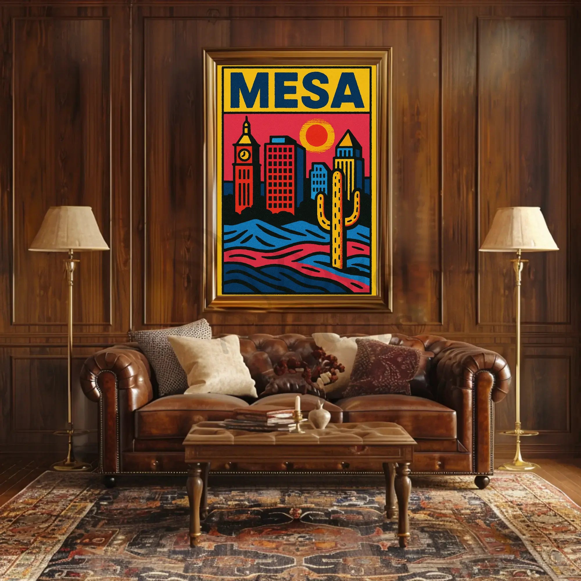 Mesa Cityscape with Cactus Desert Theme Travel Poster PosterGoat