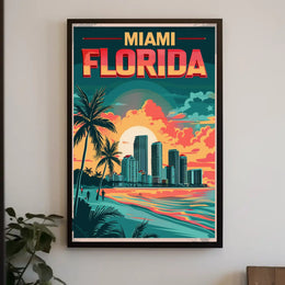 Miami Beachfront Skyline Retro Art Travel Poster PosterGoat
