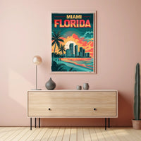 Miami Beachfront Skyline Retro Art Travel Poster PosterGoat