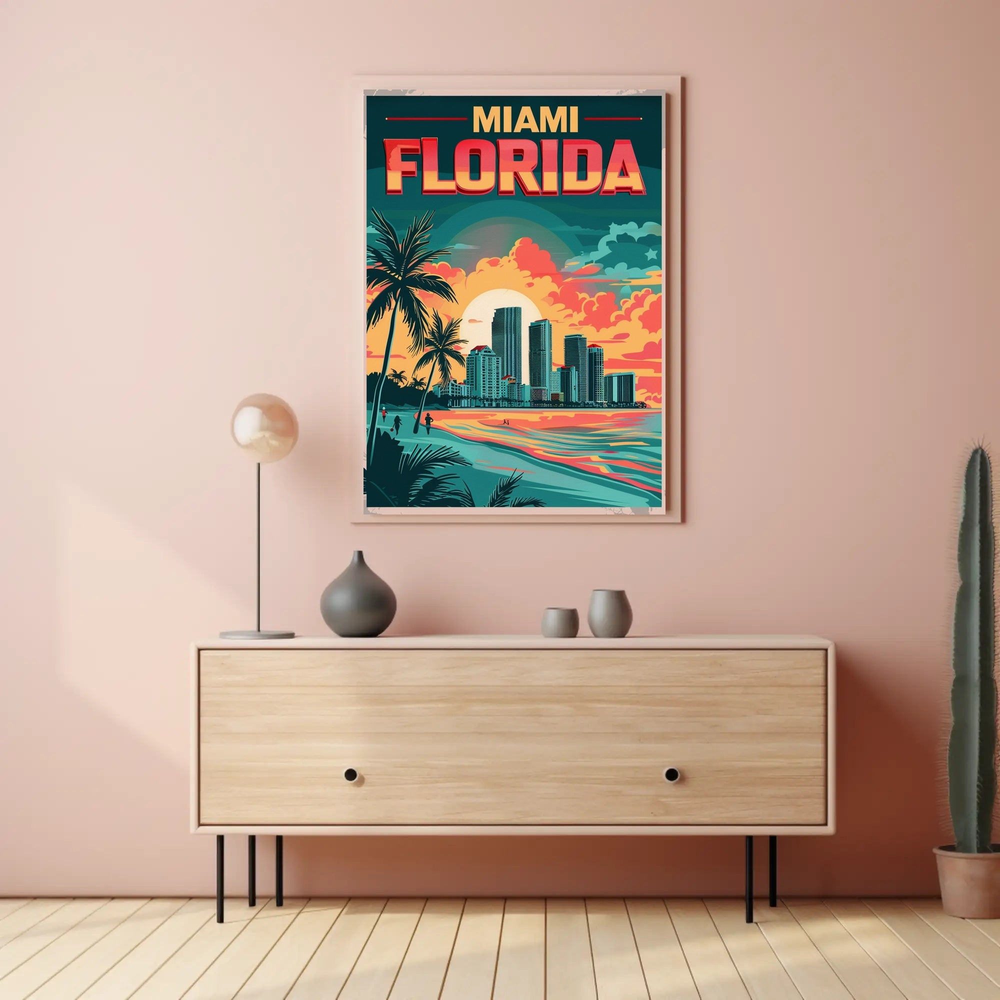 Miami Beachfront Skyline Retro Art Travel Poster PosterGoat