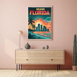 Miami Beachfront Skyline Retro Art Travel Poster PosterGoat