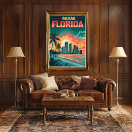 Miami Beachfront Skyline Retro Art Travel Poster PosterGoat