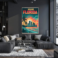 Miami Beachfront Skyline Retro Art Travel Poster PosterGoat