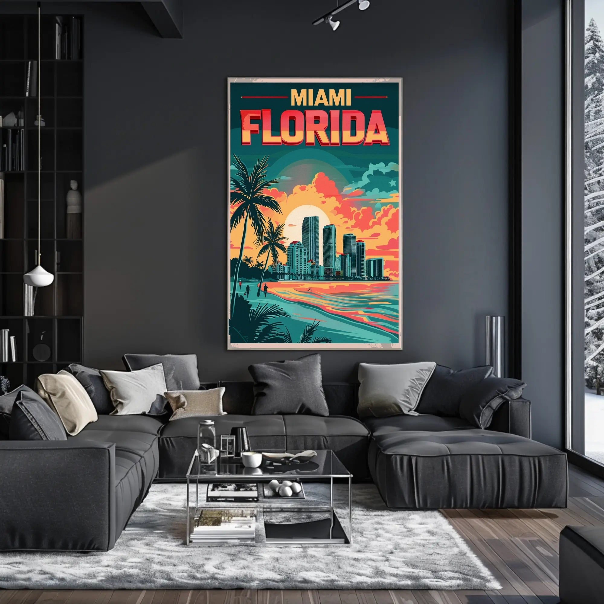 Miami Beachfront Skyline Retro Art Travel Poster PosterGoat