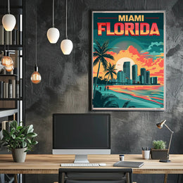 Miami Beachfront Skyline Retro Art Travel Poster PosterGoat