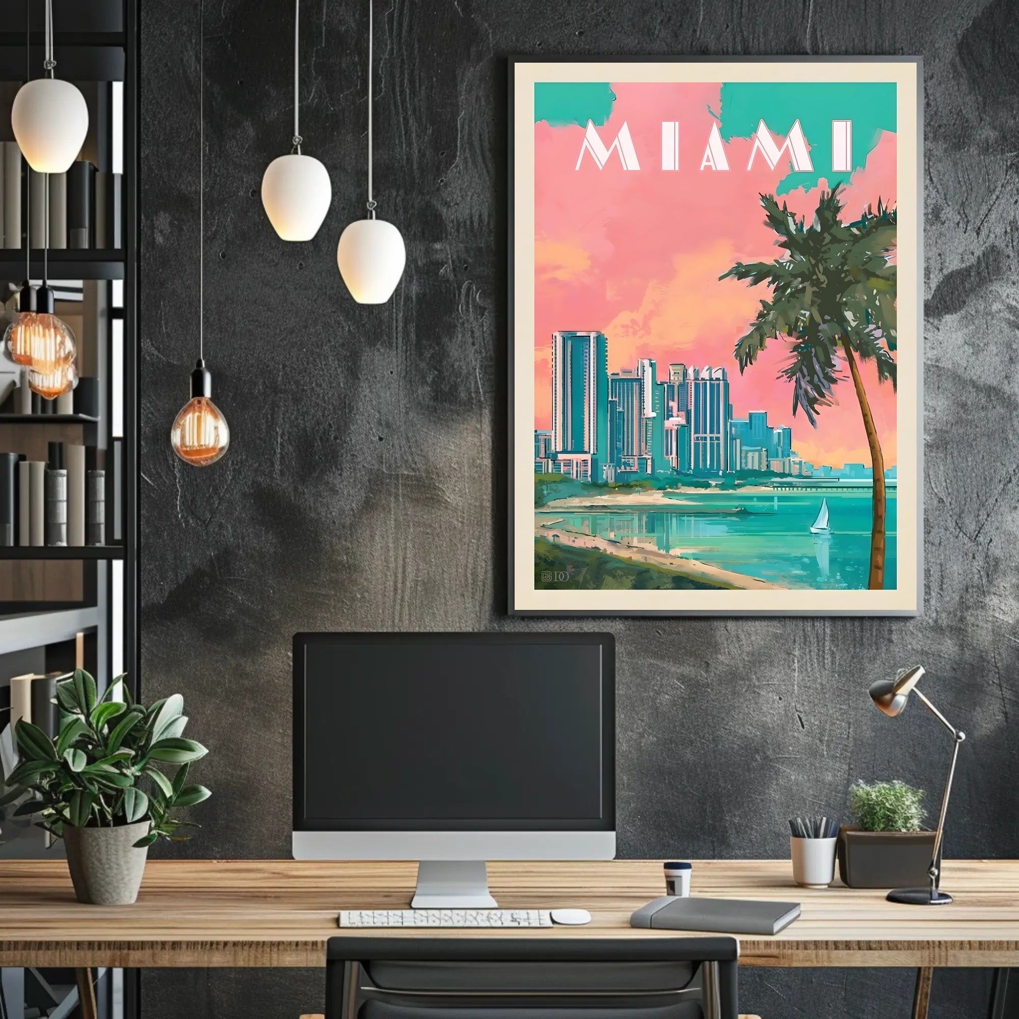 Miami Skyline Tropical Vibes Retro Travel Poster PosterGoat