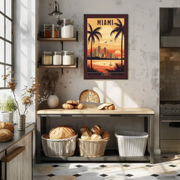 Miami Sunset Vintage Travel Scene Urban or Cityscape Poster PosterGoat
