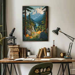 Mid-Century Inspired Serene Campsite Travel Poster PosterGoat