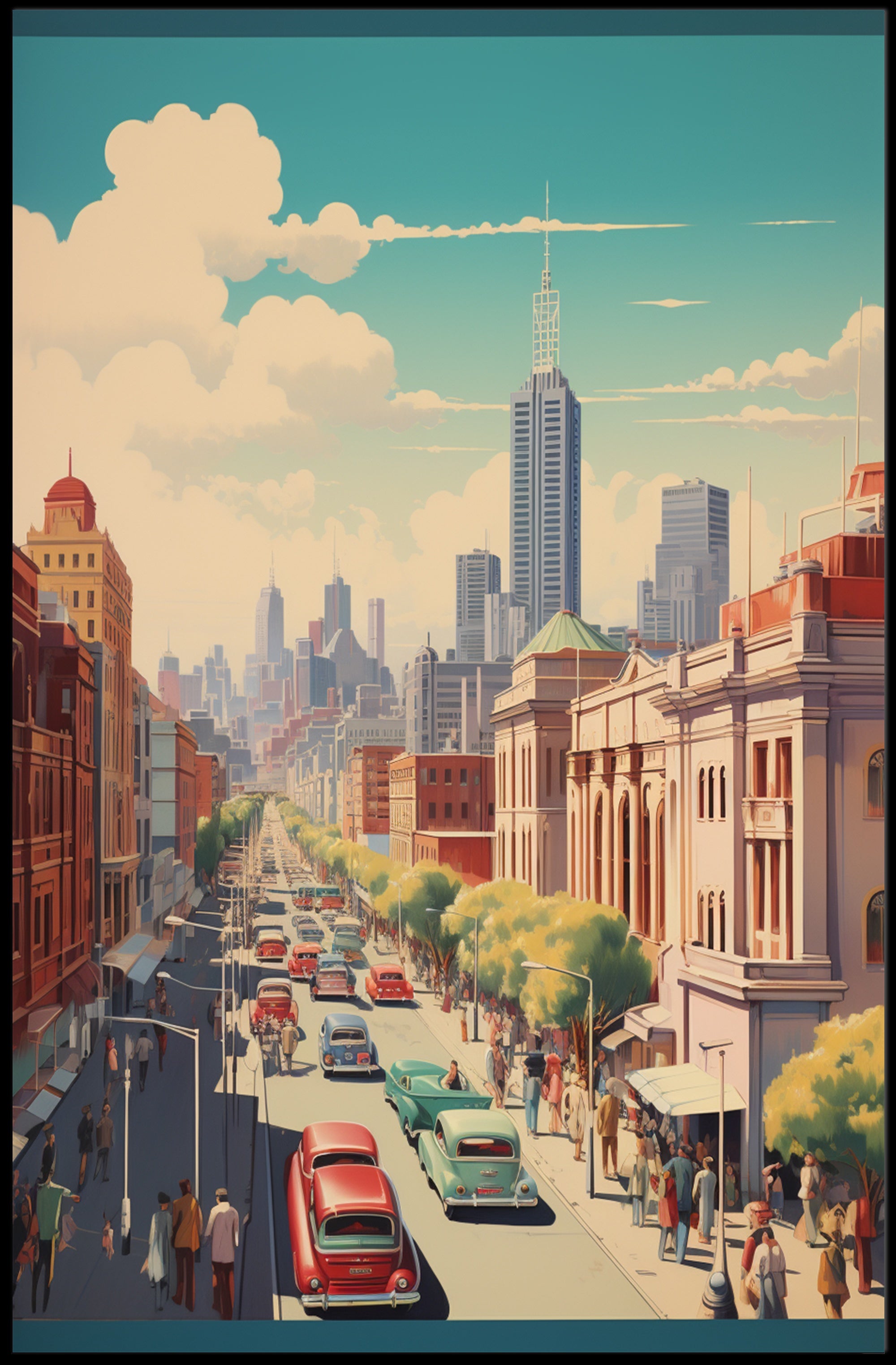 Mid-Century Urban Scene: Vibrant Cityscape Poster PosterGoat
