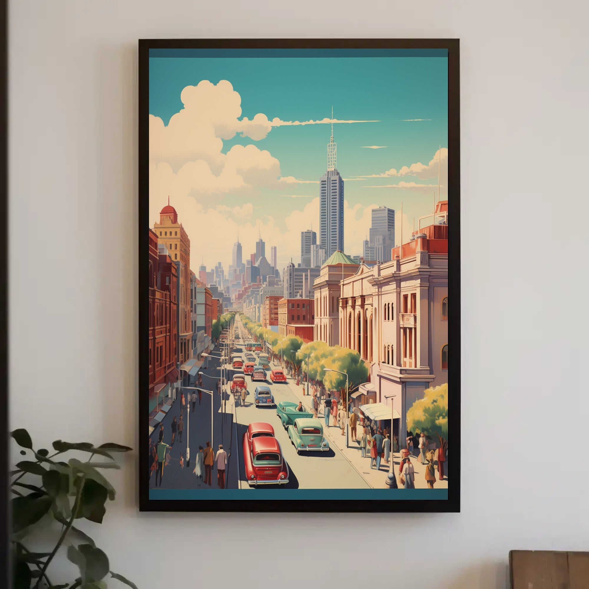 Mid-Century Urban Scene: Vibrant Cityscape Poster PosterGoat