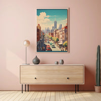 Mid-Century Urban Scene: Vibrant Cityscape Poster PosterGoat