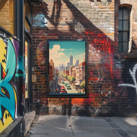 Mid-Century Urban Scene: Vibrant Cityscape Poster PosterGoat