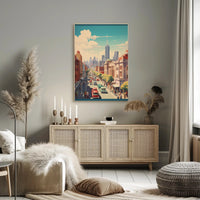 Mid-Century Urban Scene: Vibrant Cityscape Poster PosterGoat