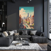 Mid-Century Urban Scene: Vibrant Cityscape Poster PosterGoat