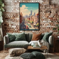 Mid-Century Urban Scene: Vibrant Cityscape Poster PosterGoat