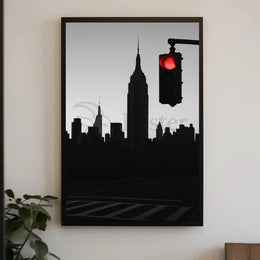 Minimalist Urban Skyline with Red Light Pop Culture Poster PosterGoat