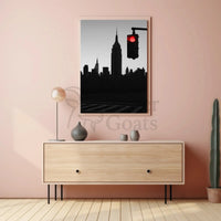 Minimalist Urban Skyline with Red Light Pop Culture Poster PosterGoat