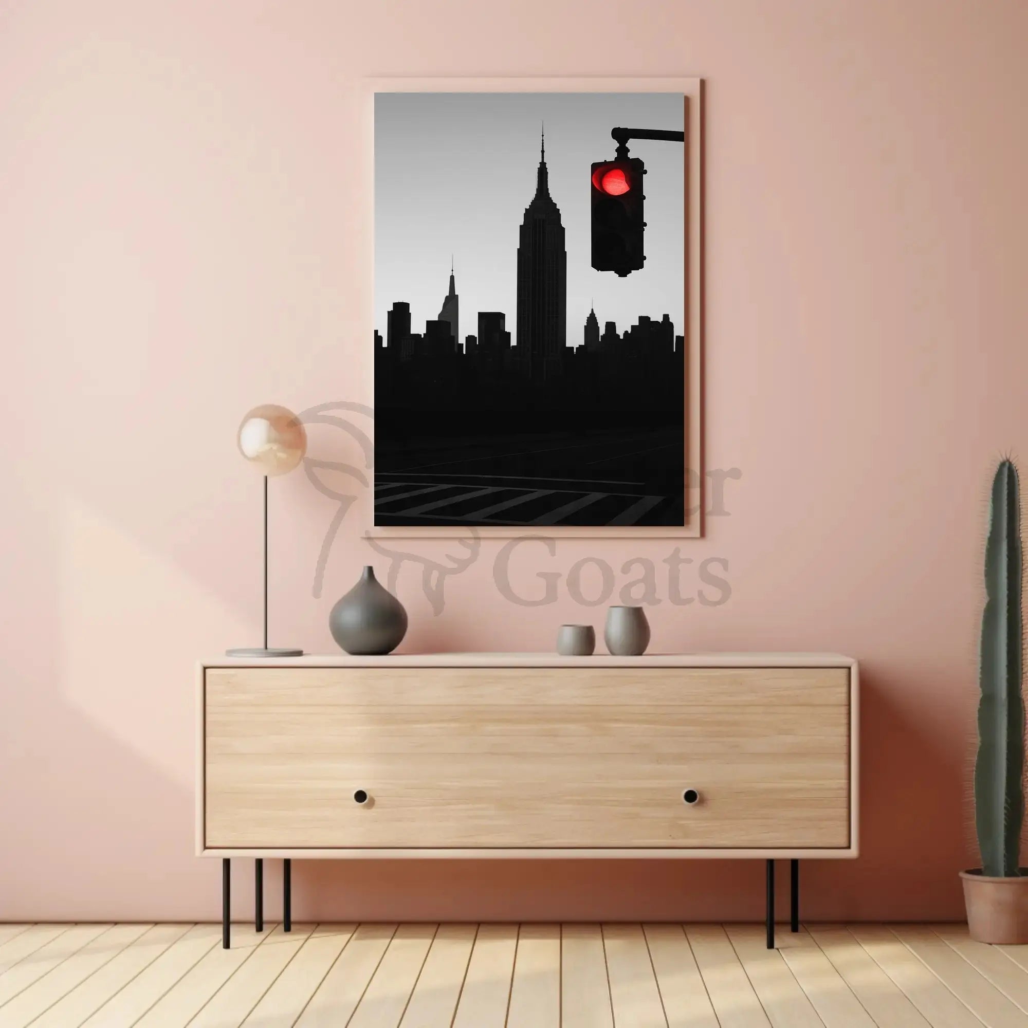 Minimalist Urban Skyline with Red Light Pop Culture Poster PosterGoat