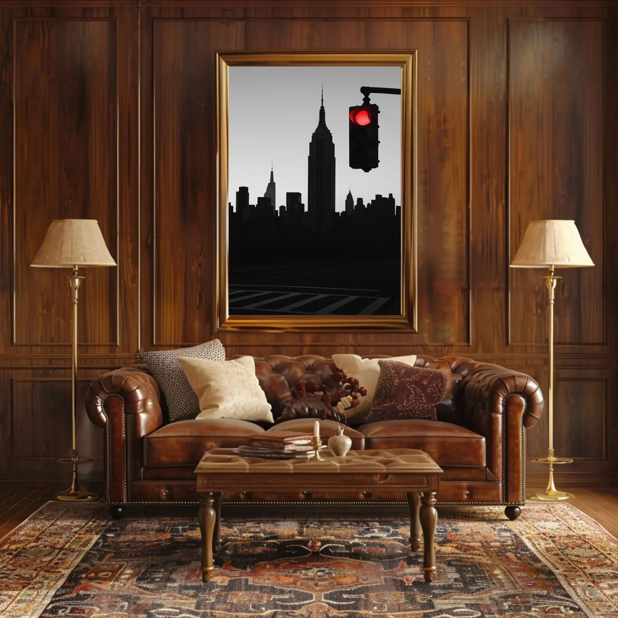 Minimalist Urban Skyline with Red Light Pop Culture Poster PosterGoat